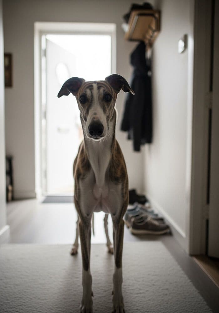 A phone photo of a brindle sighthound standing in a hallway