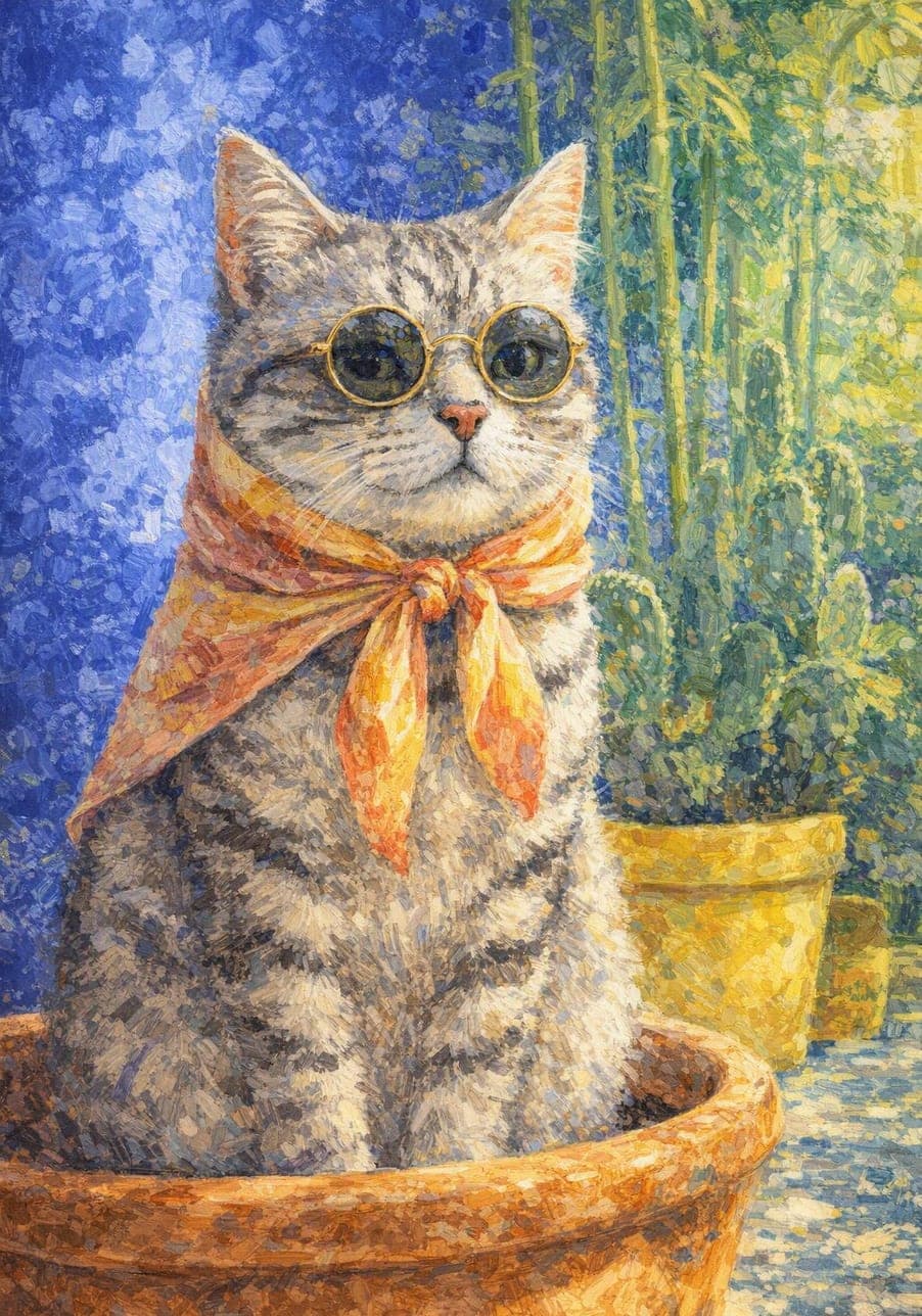 Example custom pet portrait at Jardin Majorelle, Marrakech