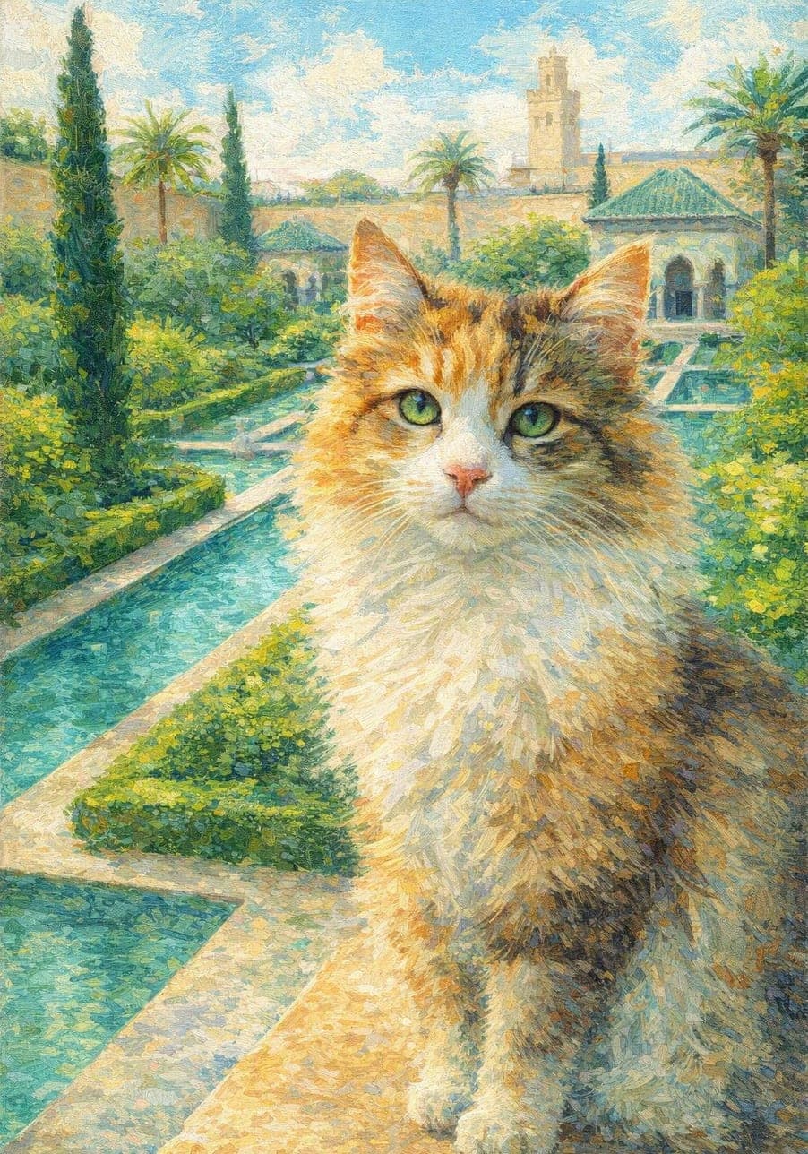 Example custom pet portrait at Le Jardin Secret, Marrakech