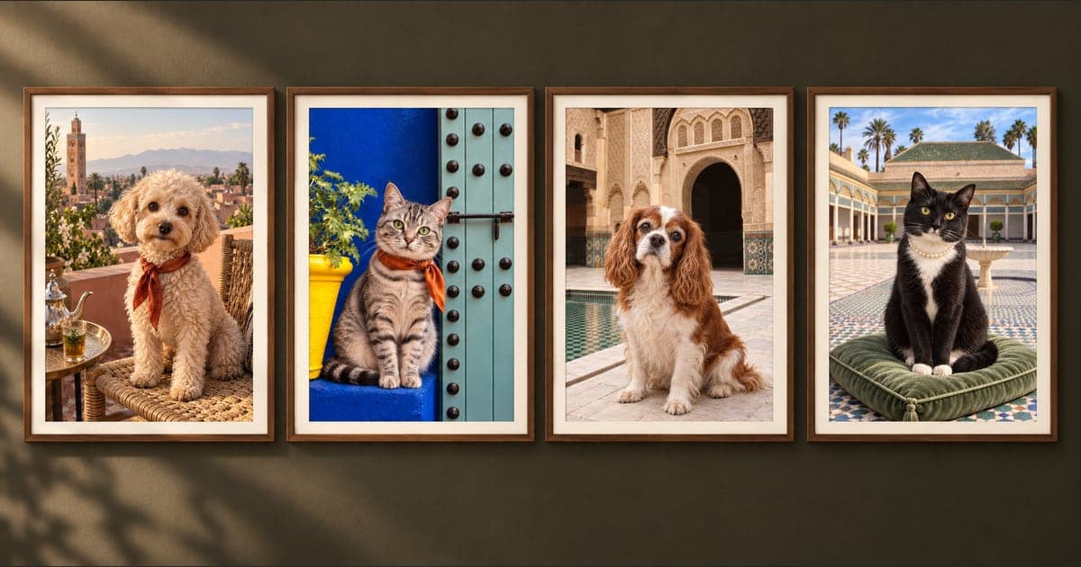 Four example Marrakech pet portraits presented in simple frames