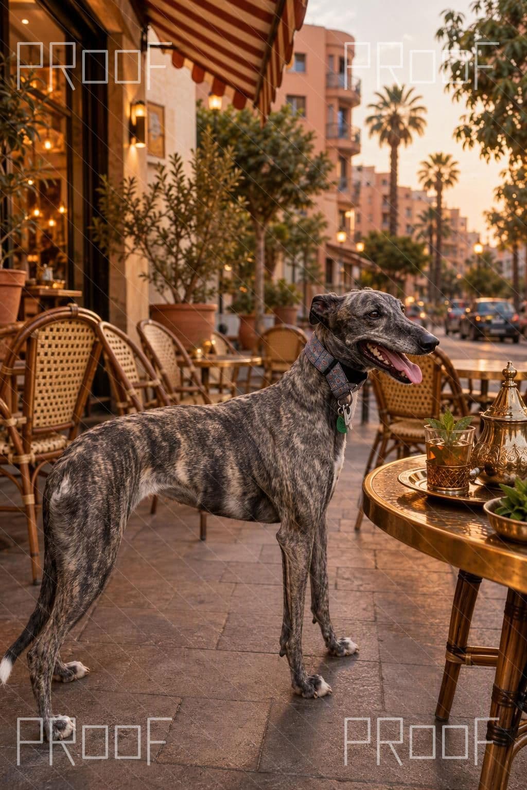 One corrected protected preview: grey brindle greyhound at A Gueliz Café Terrace