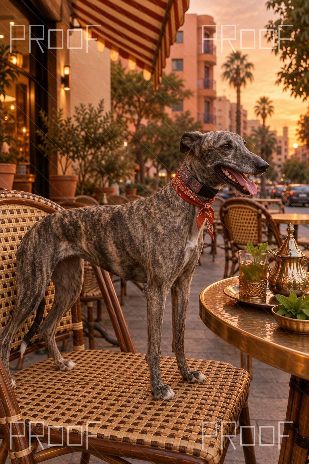 First Natural detail preview: grey brindle greyhound at A Gueliz Café Terrace; watermark retained