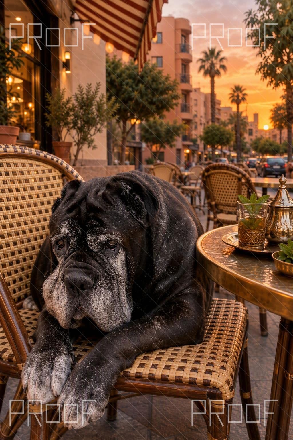First Natural detail preview: older dark mastiff at A Gueliz Café Terrace; watermark retained
