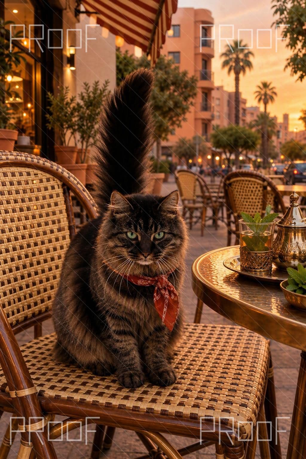 First Natural detail preview: long-haired dark tabby cat at A Gueliz Café Terrace; watermark retained