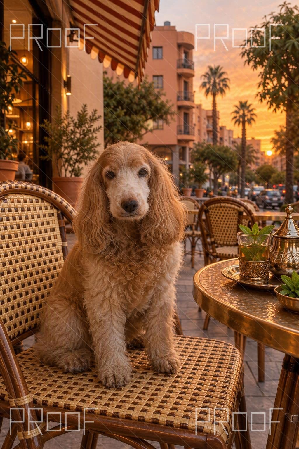 First Natural detail preview: copper-coated cocker spaniel at A Gueliz Café Terrace; watermark retained