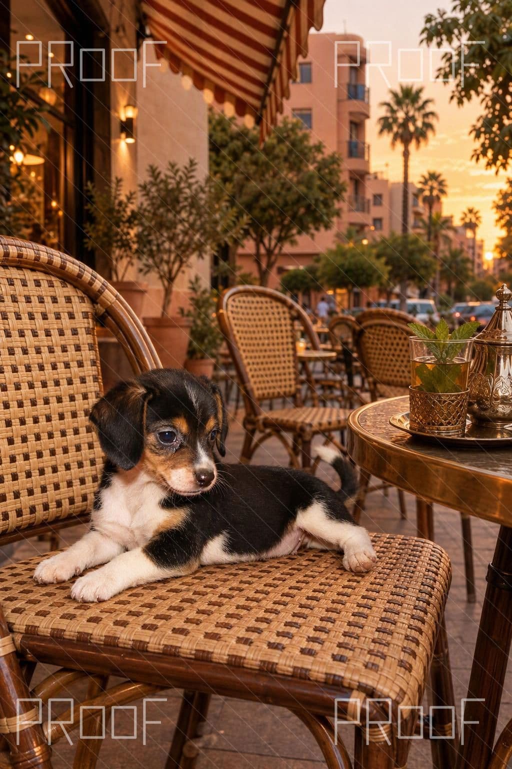 First Natural detail preview: black, tan and white beagle puppy at A Gueliz Café Terrace; watermark retained