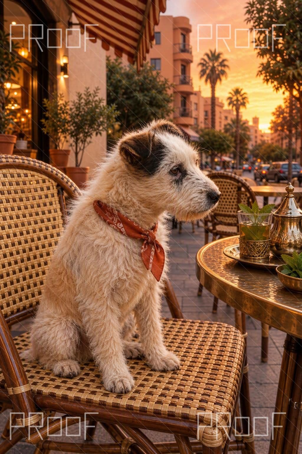 First Natural detail preview: rough-coated white and tan terrier at A Gueliz Café Terrace; watermark retained