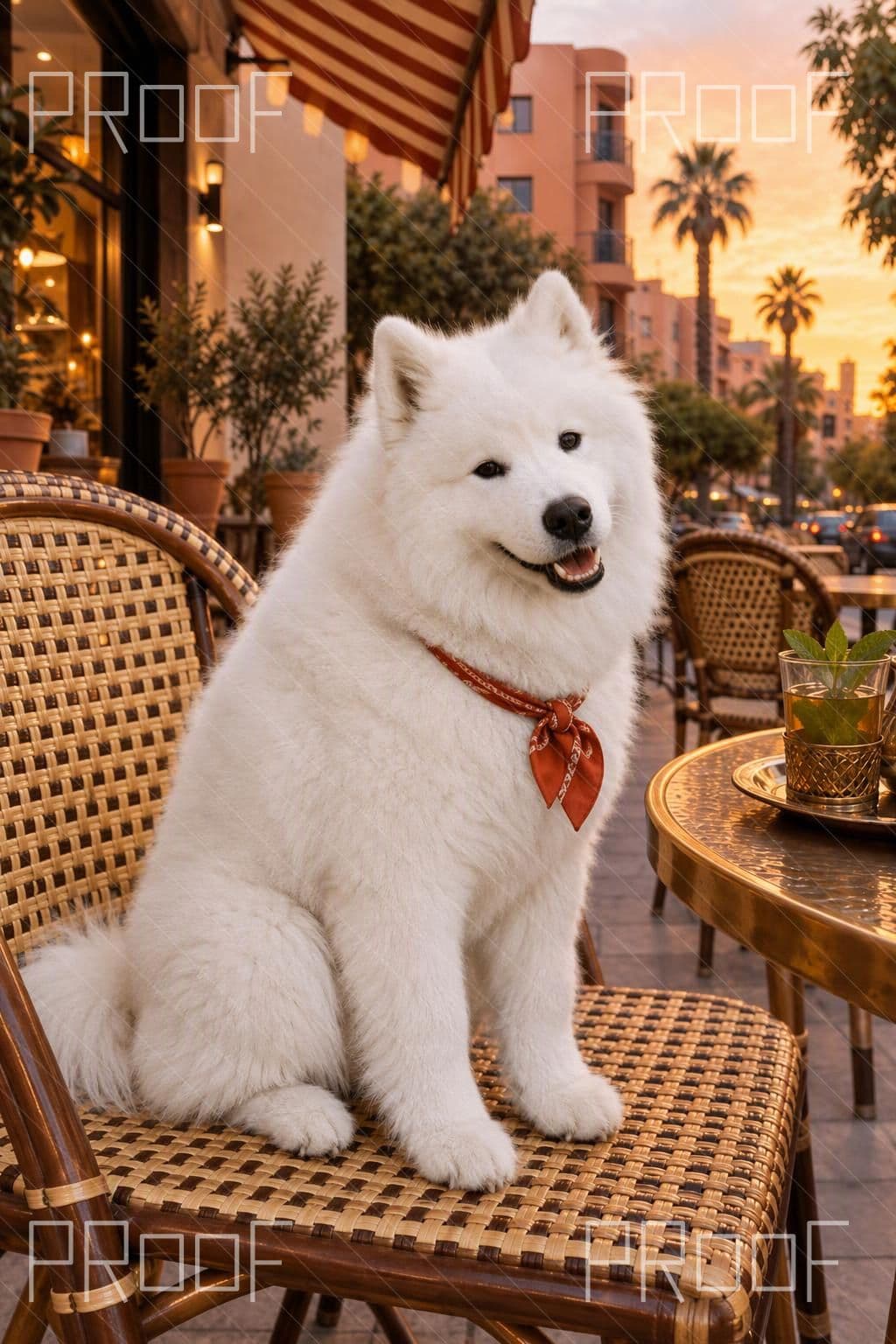 First Natural detail preview: white Samoyed at A Gueliz Café Terrace; watermark retained