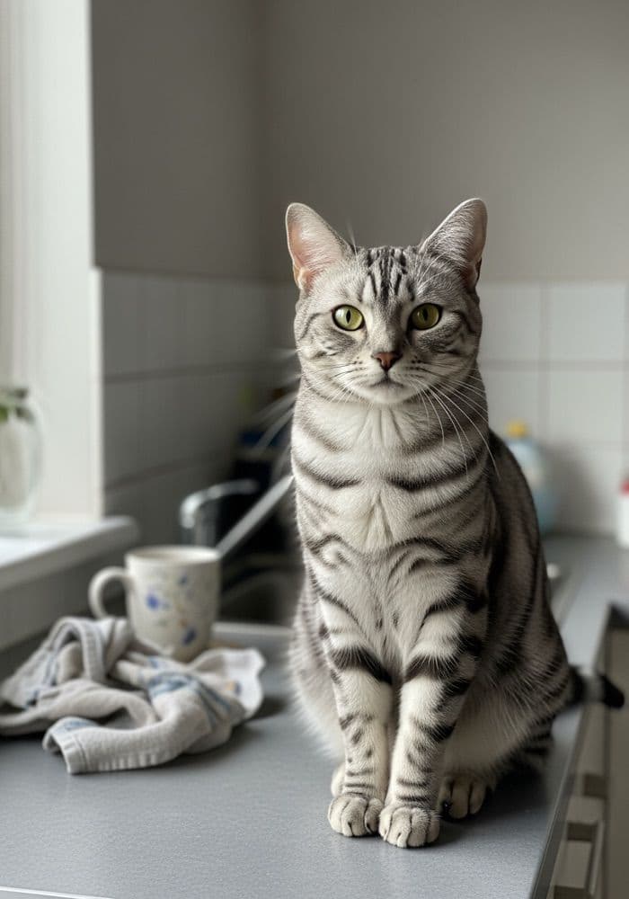 A phone photo of a silver tabby cat sitting on a kitchen worktop