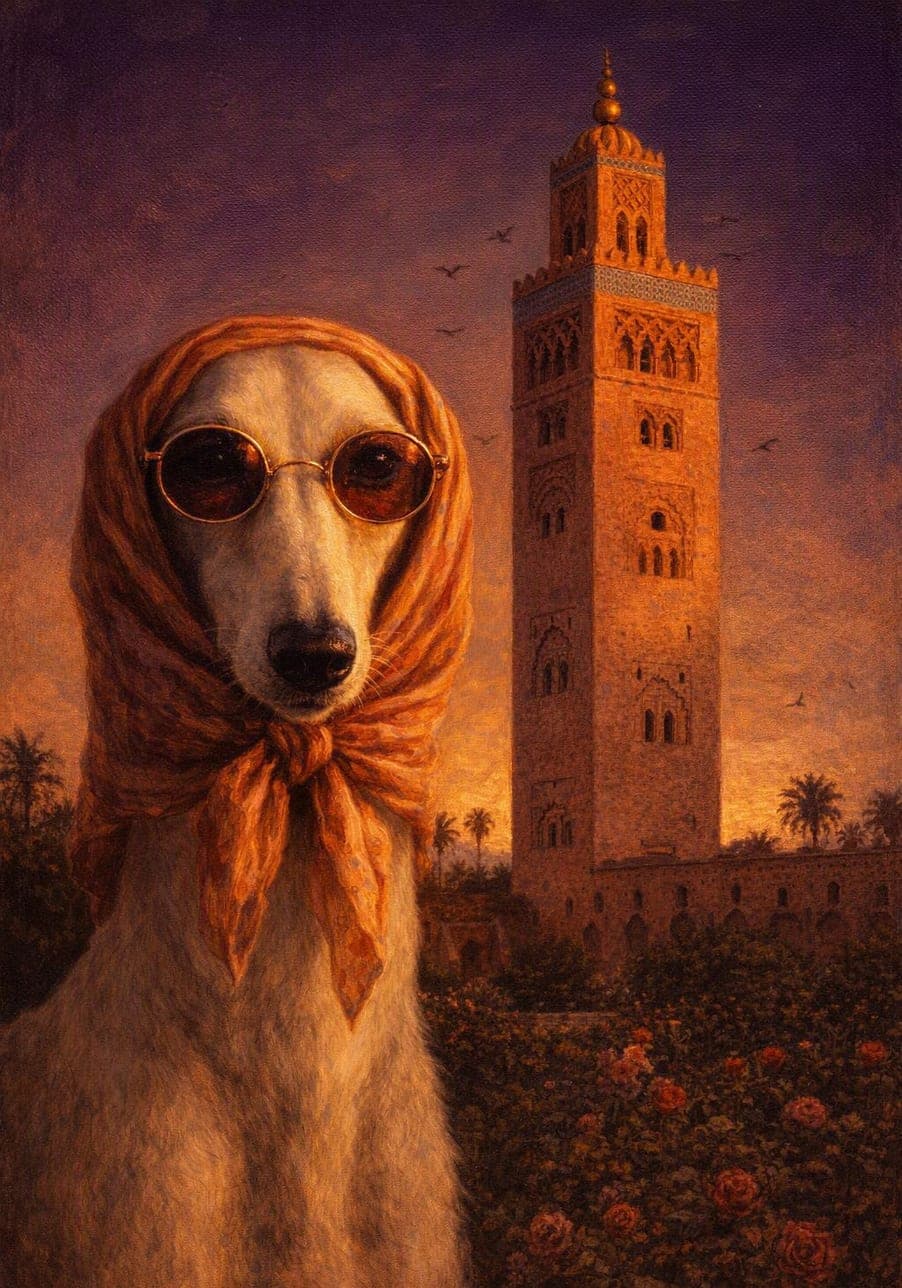 Example custom pet portrait at Koutoubia Minaret, Marrakech