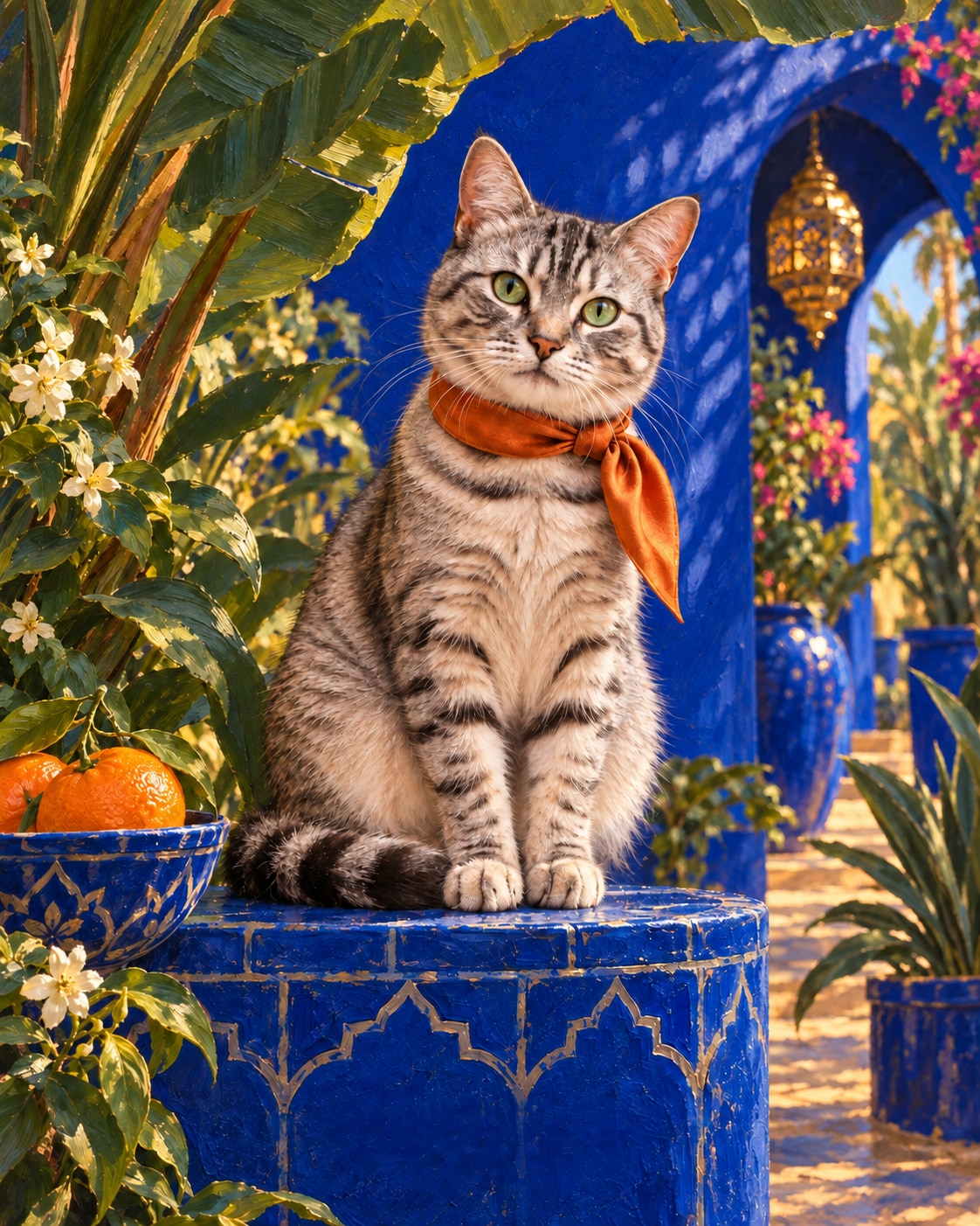 Silver tabby in an orange scarf among lush leaves and cobalt garden architecture