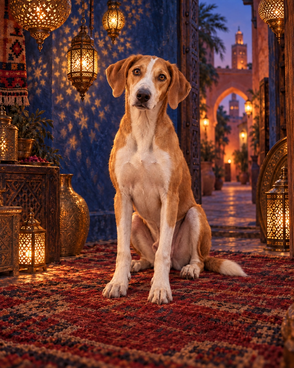Tan-and-white hound among glowing brass lanterns against indigo walls