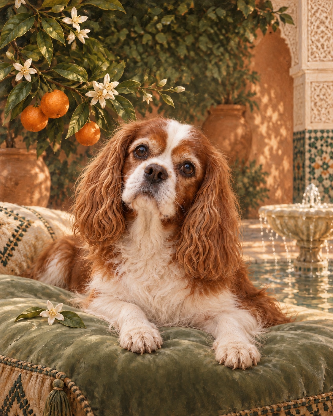 Cavalier resting on a sage cushion beneath orange blossoms beside a riad fountain