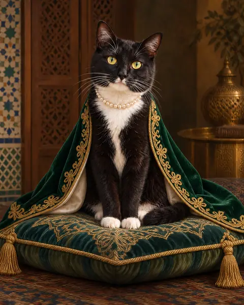 Studio example: cat in an emerald cape in an imagined royal setting