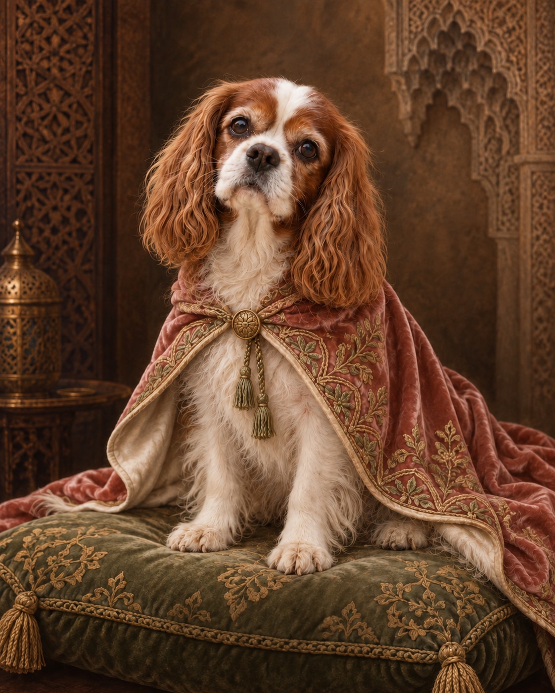 Chestnut-and-white Cavalier in a rose embroidered cape on a sage cushion