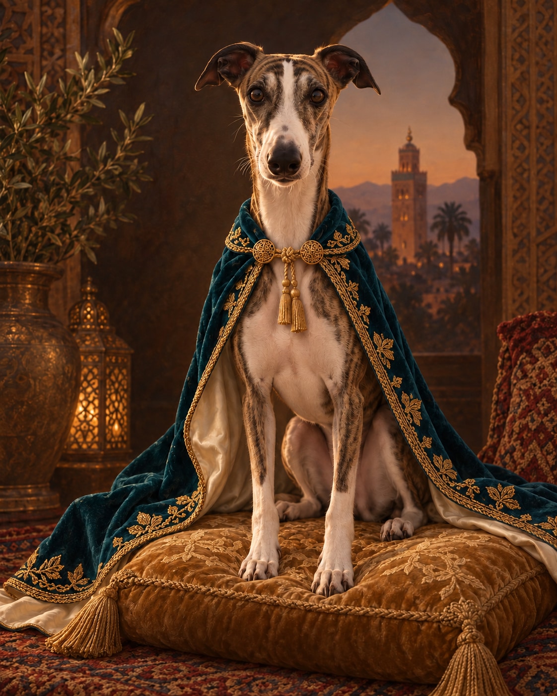 Brindle sighthound in a teal embroidered cape beneath a cedar arch