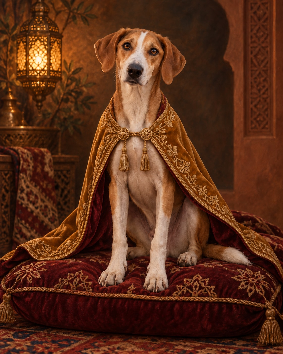 Tan-and-white hound in an ochre velvet cape on a burgundy cushion