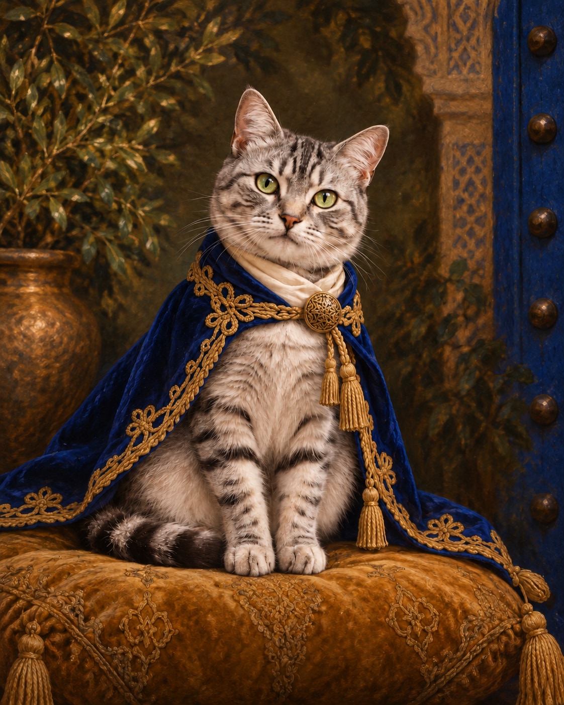 Silver tabby in a cobalt velvet cape on an ochre embroidered cushion