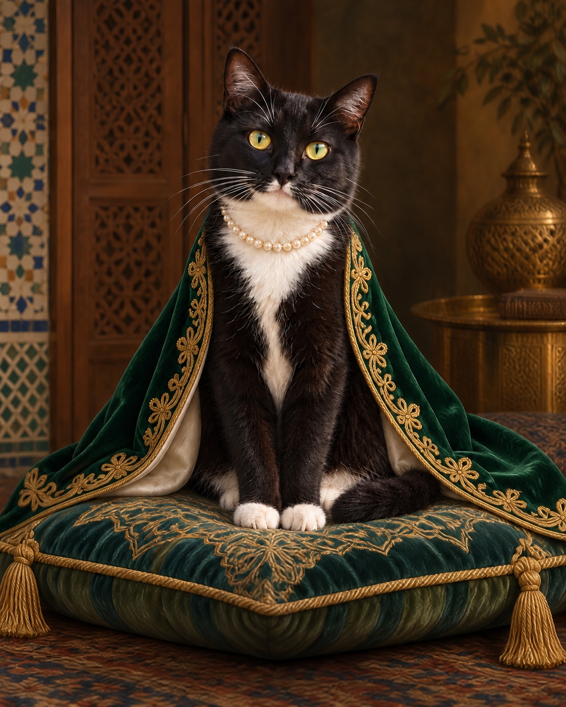 Tuxedo cat in an emerald embroidered cape and pearls on a velvet cushion