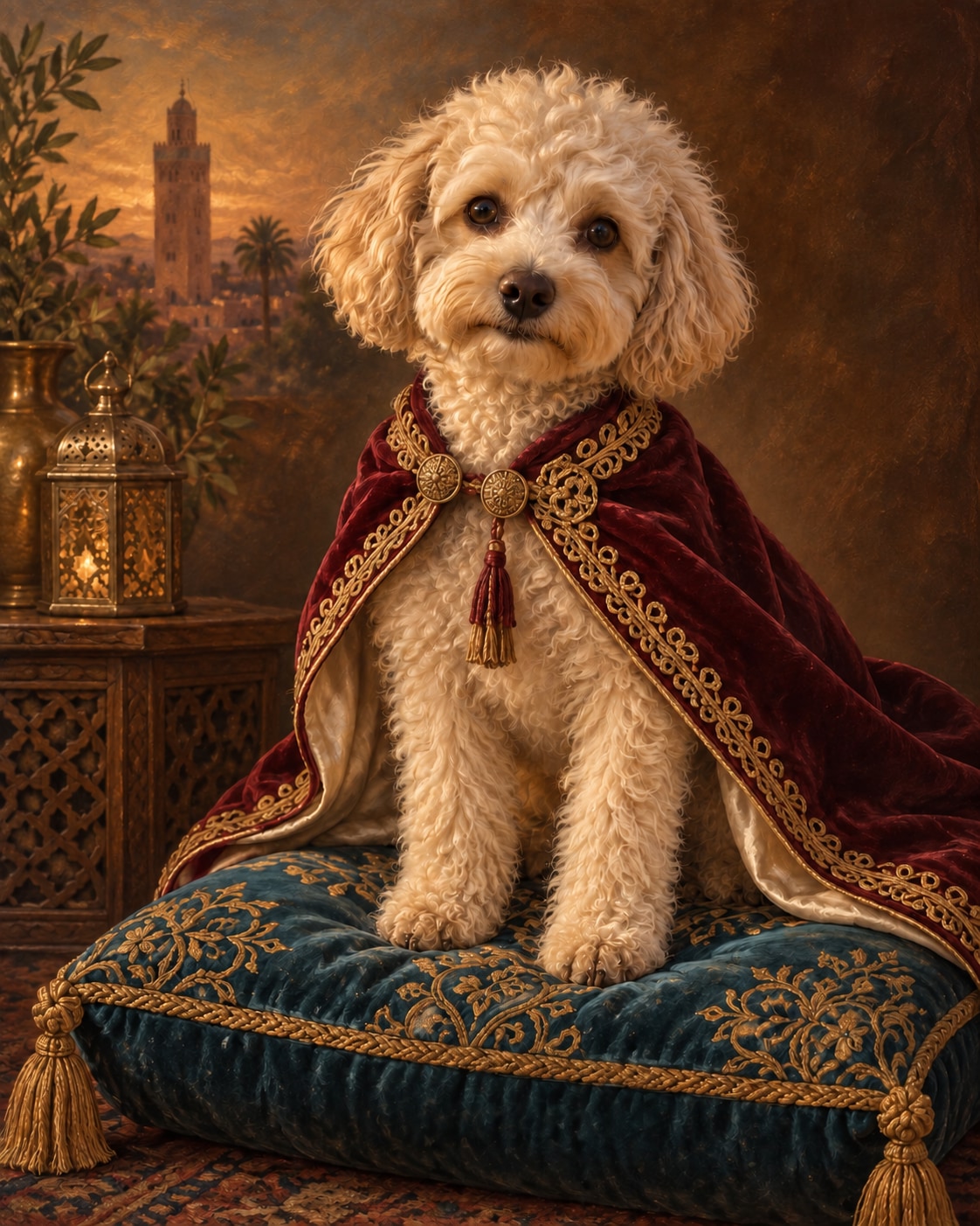 Cream poodle in burgundy velvet on a teal cushion with Koutoubia behind