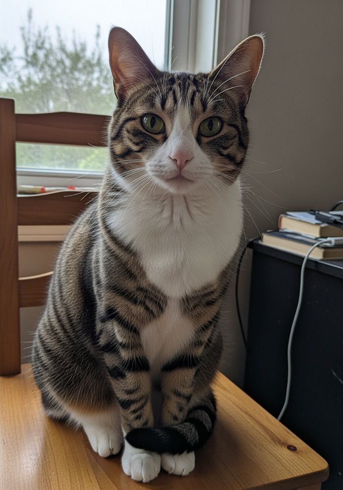 A phone photo of a tabby and white cat on a chair