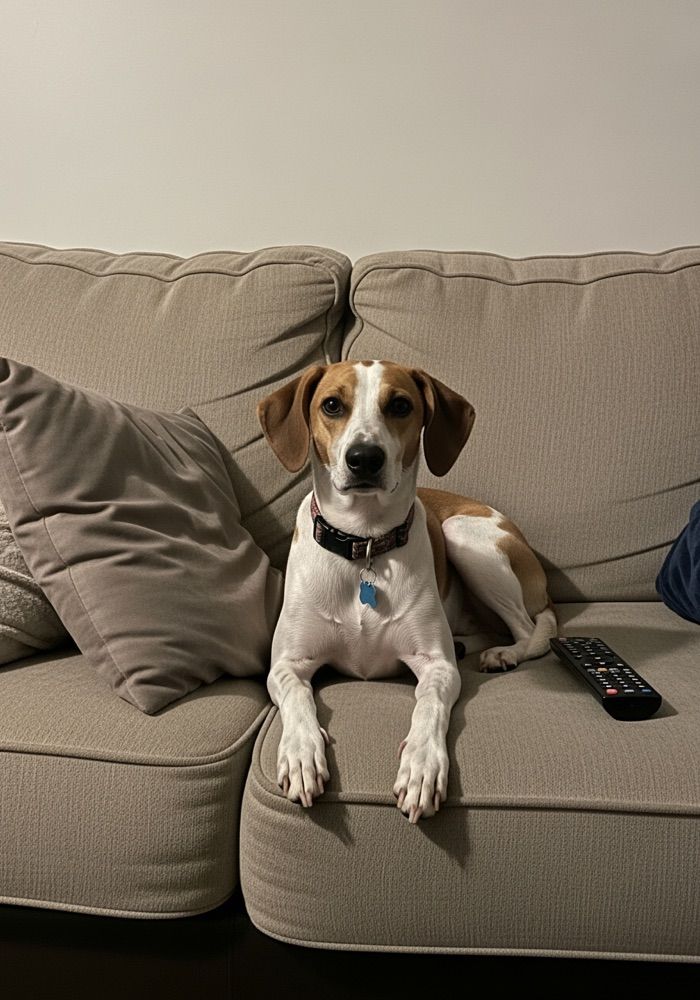 An ordinary phone photo of a tan and white hound on a sofa