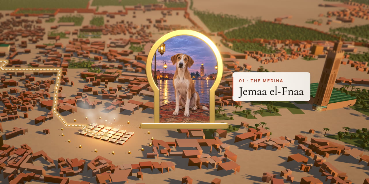 Illustrated Marrakech with Bahia Palace, Jemaa el-Fnaa and Koutoubia opening onto studio-example pet portraits