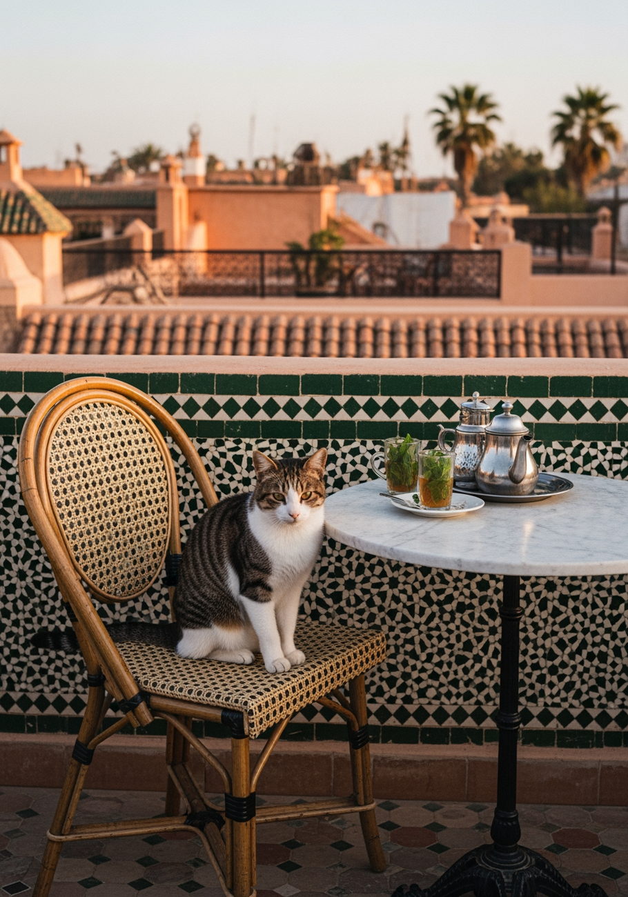 A tabby and white cat on a rattan chair beside a table of mint tea