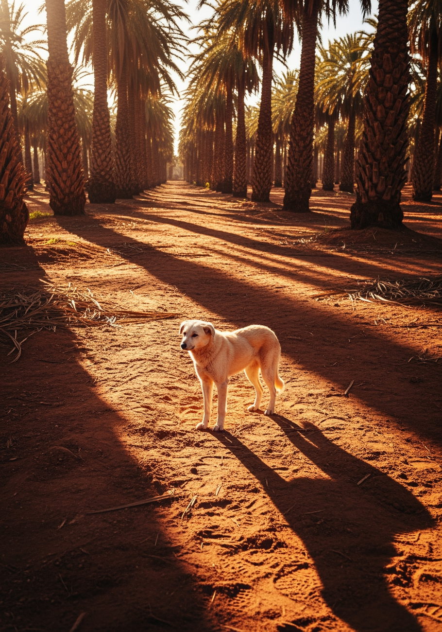 A sand-coloured dog in the long shadows of the palm grove