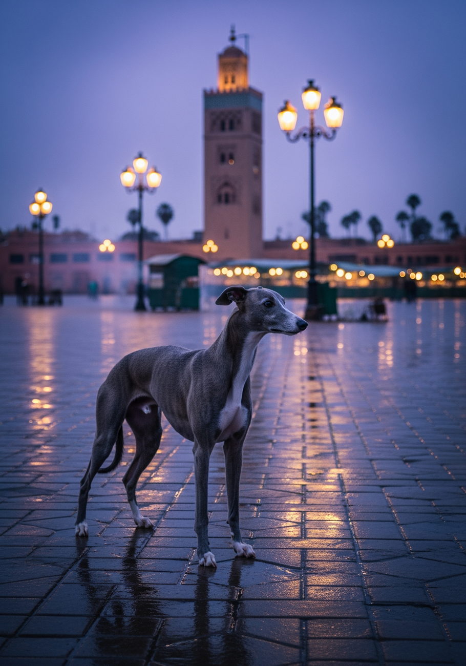 A whippet alone on the wet flagstones of the great square at dusk