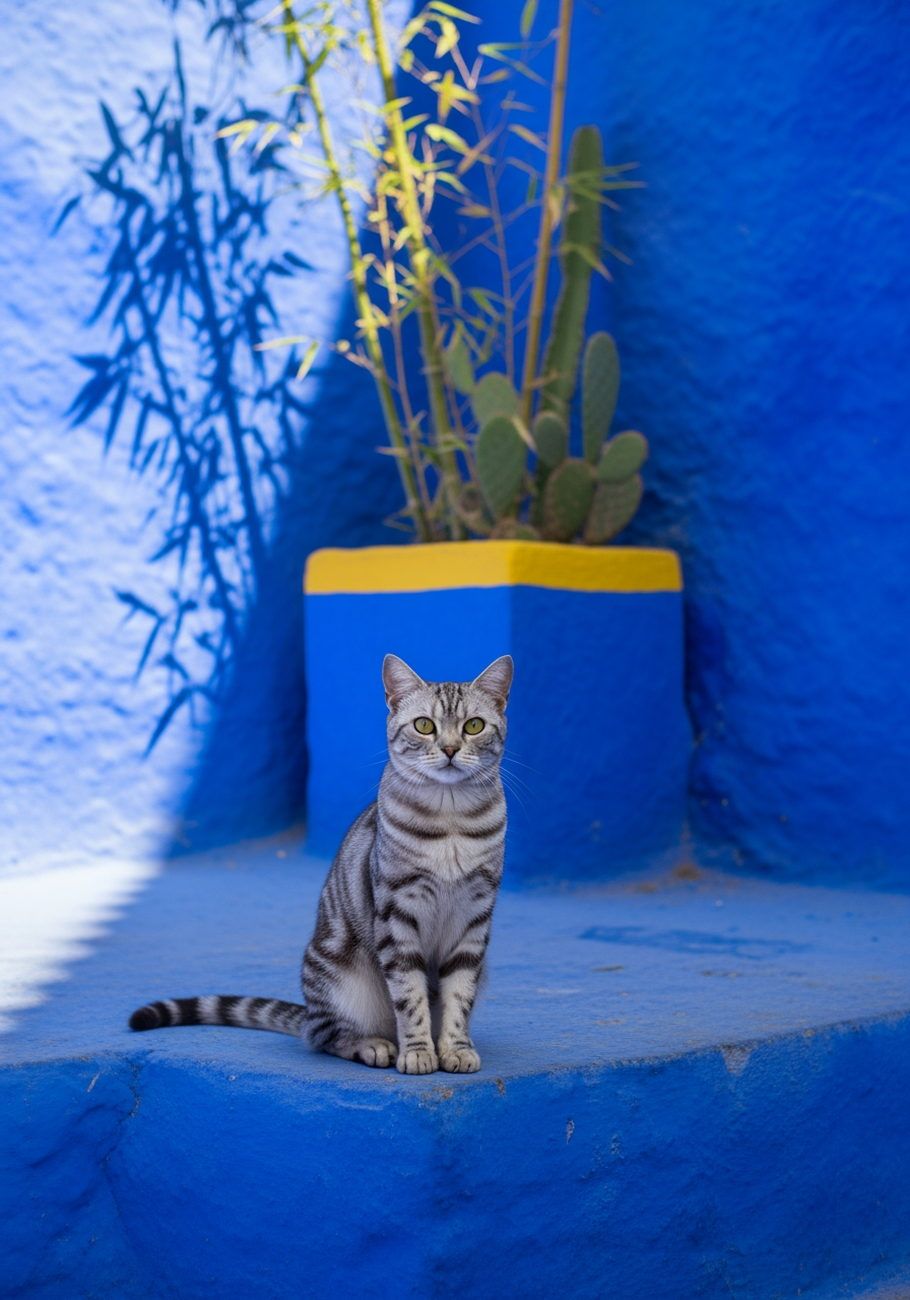 A silver tabby on the cobalt blue ledge at the Jardin Majorelle
