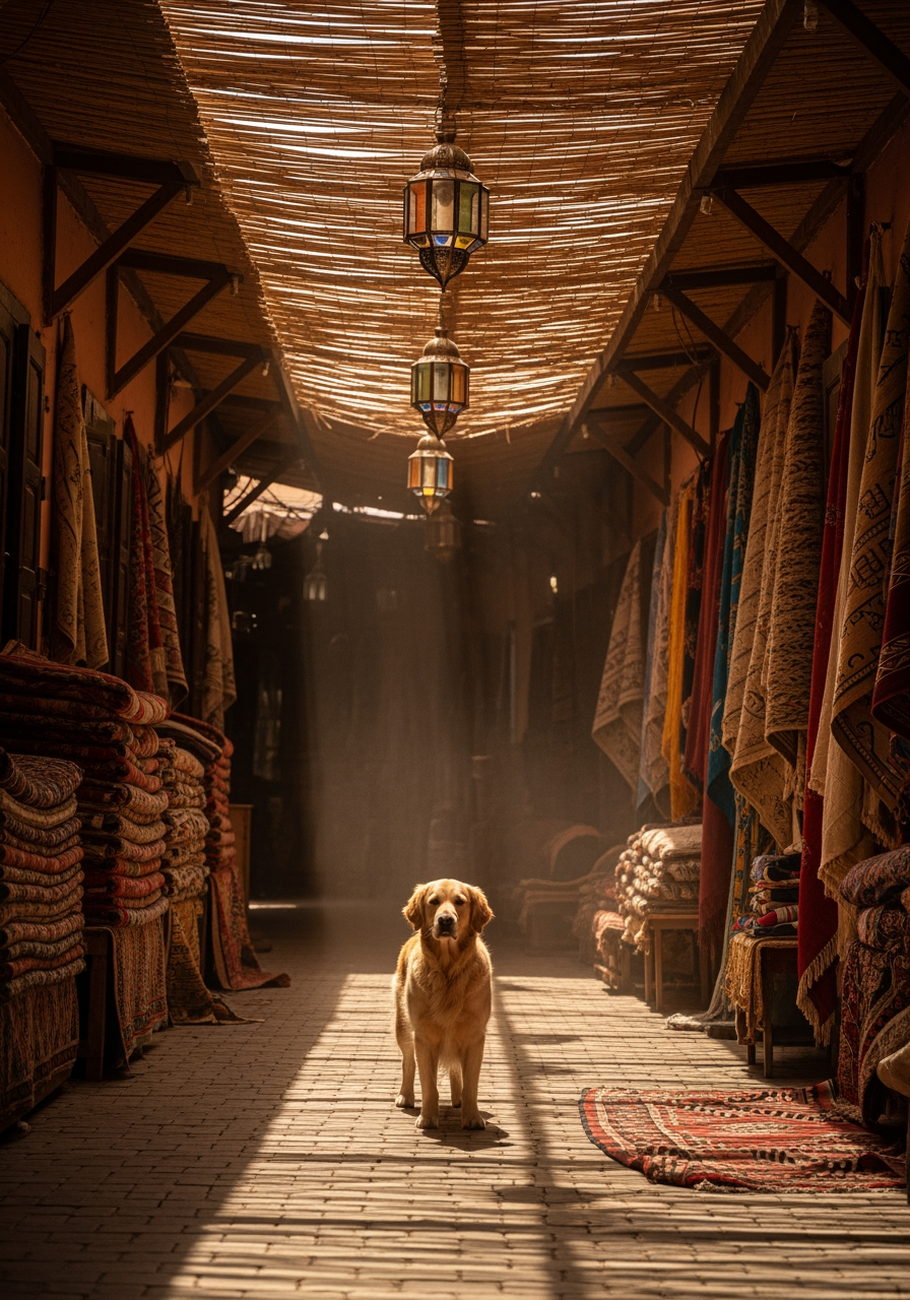 A golden retriever in the covered souk under the slatted roof