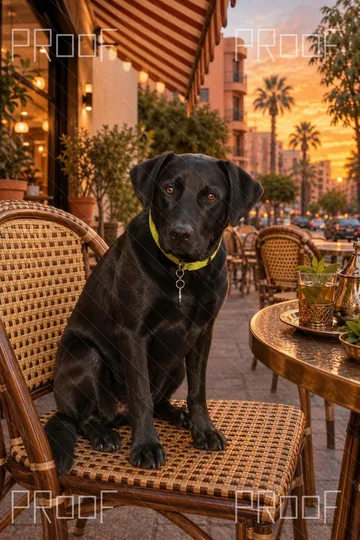 First Natural detail preview of black Labrador at a Guéliz café, with watermark