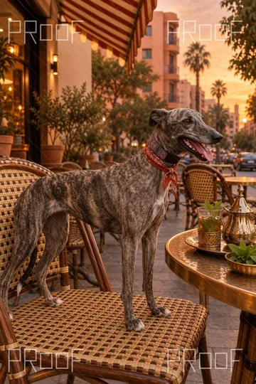 First Natural detail preview of grey brindle greyhound at a Guéliz café, with watermark