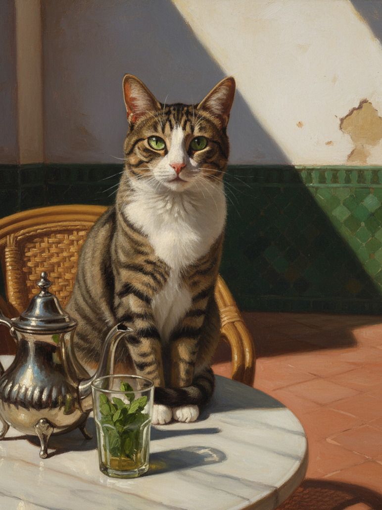 The same cat painted on a Gueliz cafe terrace