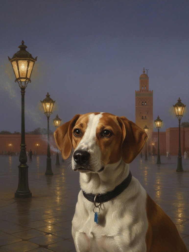 The same hound painted at Jemaa el-Fnaa at dusk