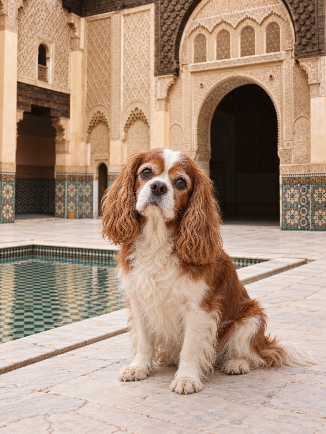 Older Cavalier pet portrait in the Ben Youssef Madrasa courtyard