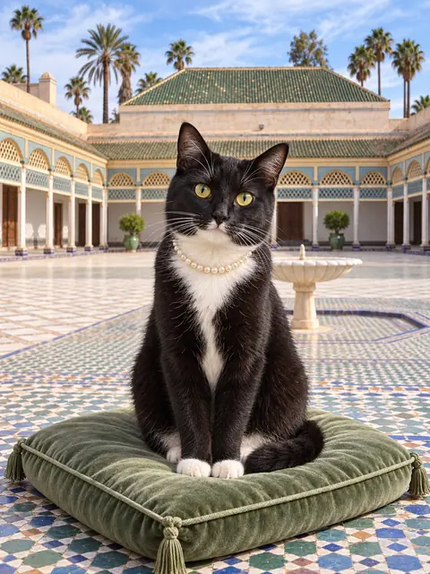 Example tuxedo cat portrait in the courtyard of Bahia Palace